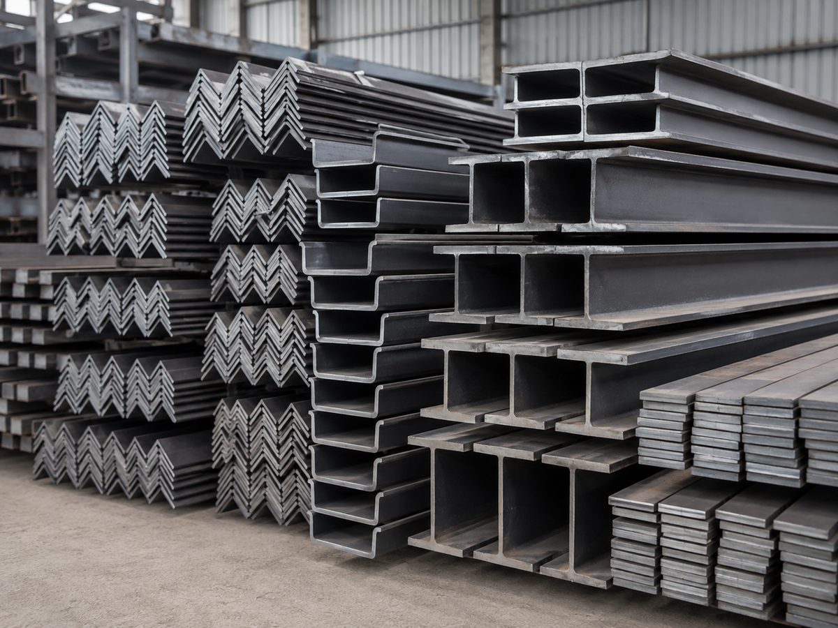 Structural steel stacked by section in the godown