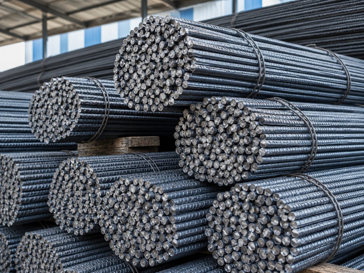 Bundles of TMT bars stacked in the yard, cut ends to camera