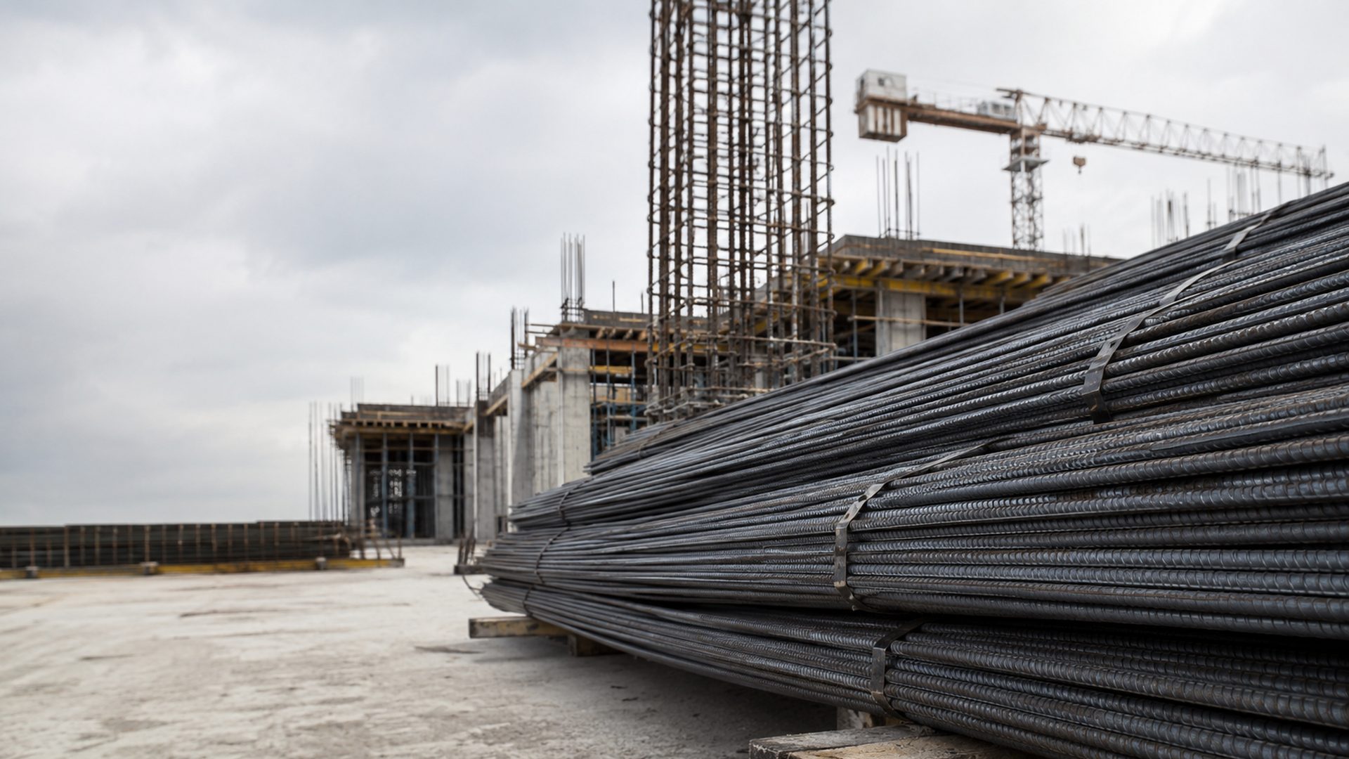 TMT steel bars and reinforcement at an active construction site