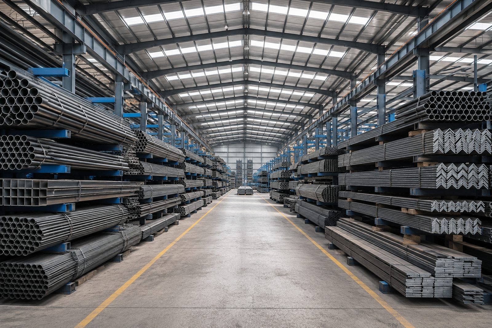 Racks of steel running the length of the godown